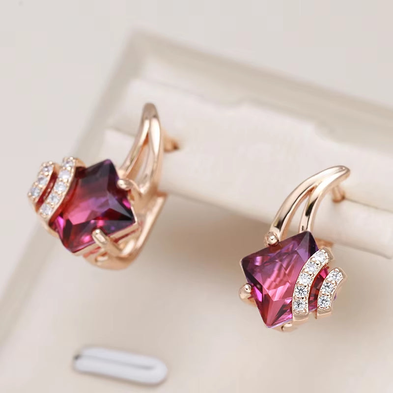 Hot Square Red Natural Zircon Earrings for Women 585 Rose Gold Color Geometry Dangle Earrings Fashion Wedding Jewelry