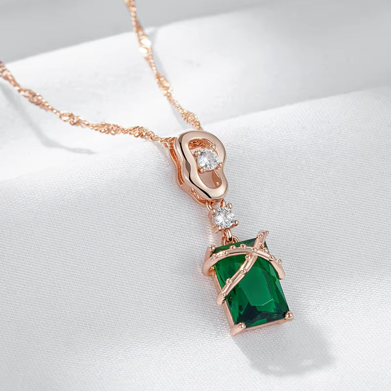 Luxury Square Green Natural Zircon Pendant Necklace for Women 585 Rose Gold Color Pendant Daily Easy Matching Fine Jewelry