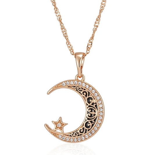 Trend Black Enamel Stars Moon Pendant Necklace for Women 585 Rose Gold Color with Natural Zircon Fine Daily Ethnic Jewelry