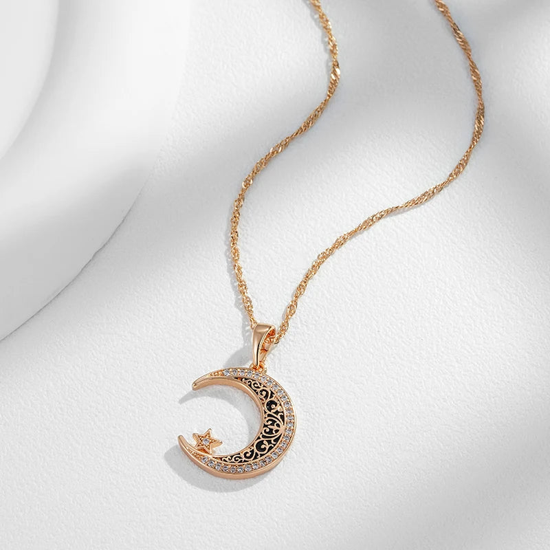 Trend Black Enamel Stars Moon Pendant Necklace for Women 585 Rose Gold Color with Natural Zircon Fine Daily Ethnic Jewelry