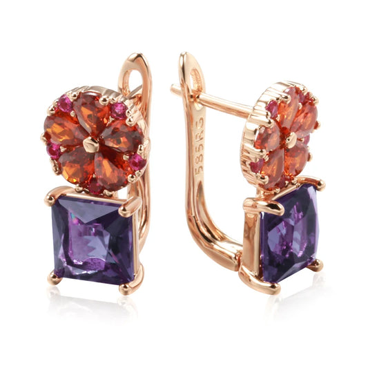Square Purple Natural Zircon Drop Earrings for Women 585 Rose Gold Color Flower Jewelry
