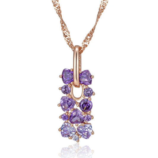 2023 New 585 Rose Gold Color Crystal Flower Pendant Necklace for Women Purple Natural Zircon Accessories Vintage Jewelry