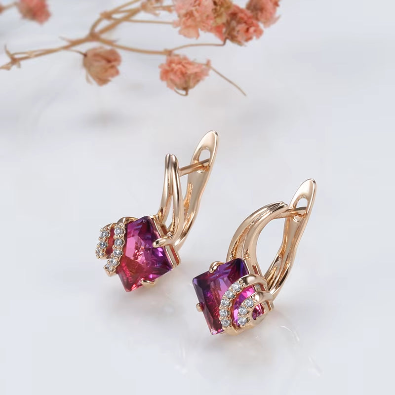 Hot Square Red Natural Zircon Earrings for Women 585 Rose Gold Color Geometry Dangle Earrings Fashion Wedding Jewelry