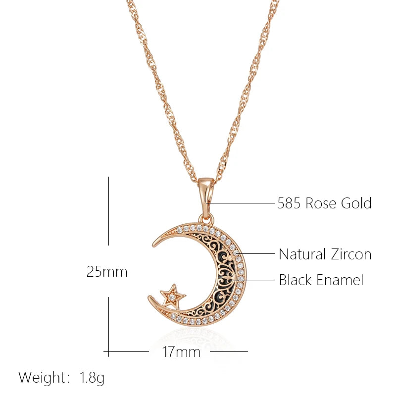 Trend Black Enamel Stars Moon Pendant Necklace for Women 585 Rose Gold Color with Natural Zircon Fine Daily Ethnic Jewelry