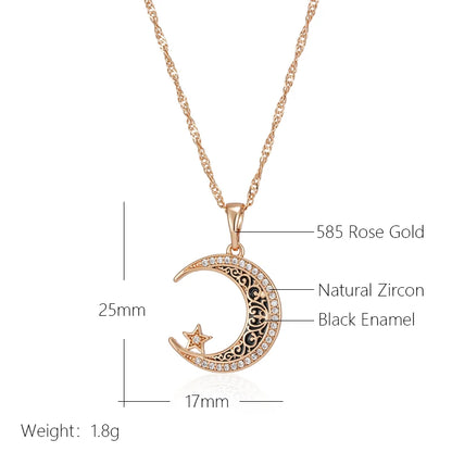 Trend Black Enamel Stars Moon Pendant Necklace for Women 585 Rose Gold Color with Natural Zircon Fine Daily Ethnic Jewelry