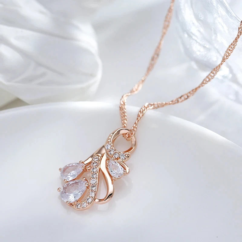 Hot 585 Rose Gold Color Big Pendant Necklace for Women Fashion Hollow Flowers Natural Zircon Accessories Daily Jewelry