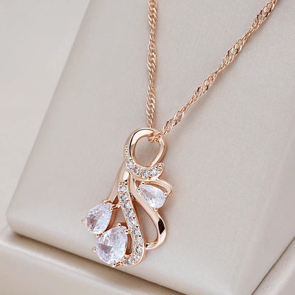 Hot 585 Rose Gold Color Big Pendant Necklace for Women Fashion Hollow Flowers Natural Zircon Accessories Daily Jewelry