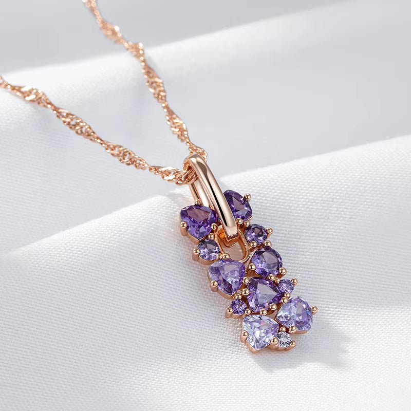 2023 New 585 Rose Gold Color Crystal Flower Pendant Necklace for Women Purple Natural Zircon Accessories Vintage Jewelry