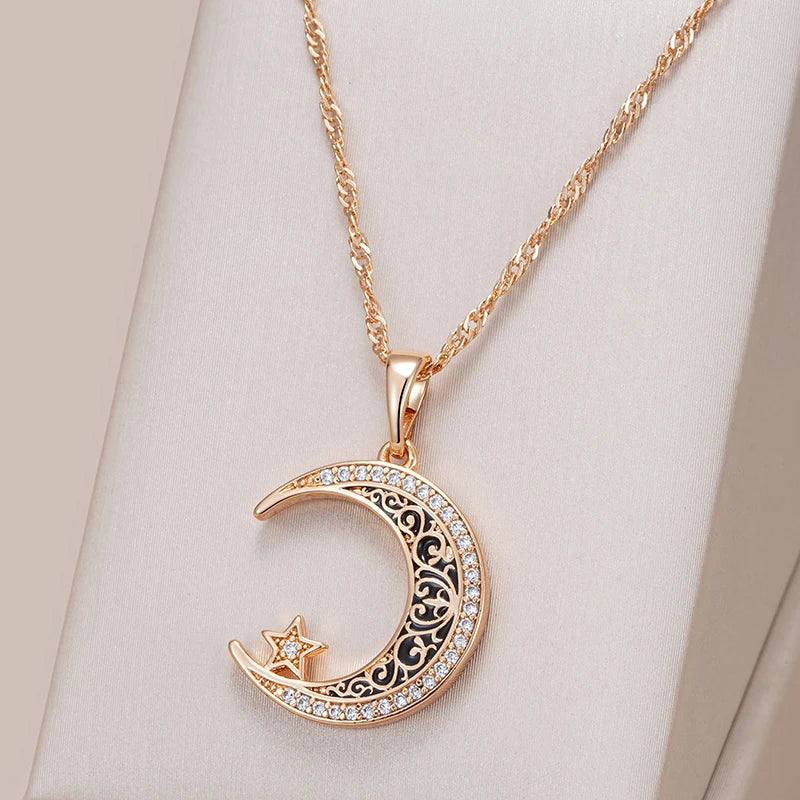 Trend Black Enamel Stars Moon Pendant Necklace for Women 585 Rose Gold Color with Natural Zircon Fine Daily Ethnic Jewelry