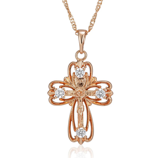 Hot 585 Rose Gold Color Orthodox Church Cross Pendant Necklace for Women Natural Zircon Accessories Crucifix Jesus Jewelry