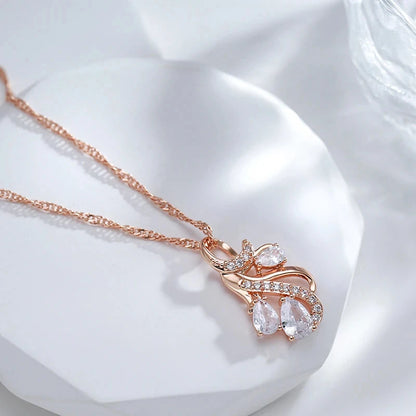 Hot 585 Rose Gold Color Big Pendant Necklace for Women Fashion Hollow Flowers Natural Zircon Accessories Daily Jewelry