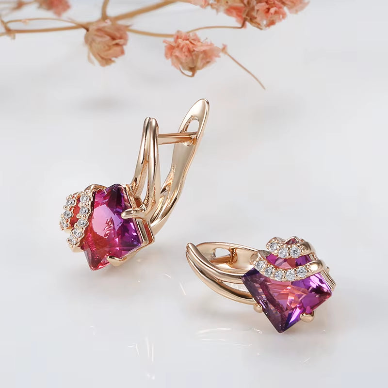 Hot Square Red Natural Zircon Earrings for Women 585 Rose Gold Color Geometry Dangle Earrings Fashion Wedding Jewelry