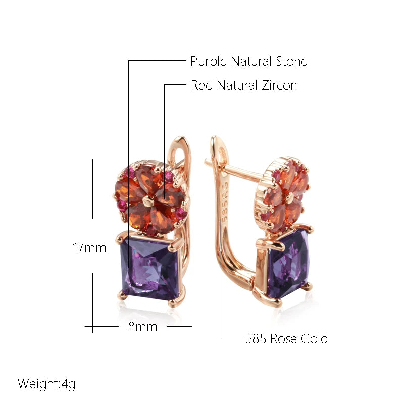 Square Purple Natural Zircon Drop Earrings for Women 585 Rose Gold Color Flower Jewelry