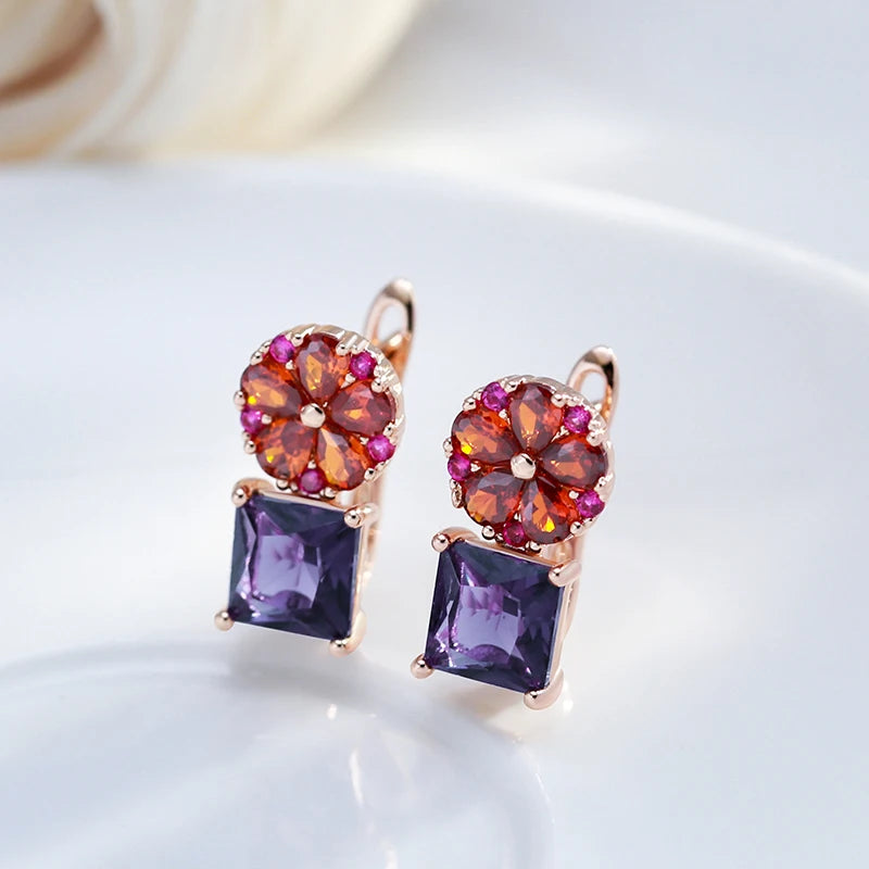 Square Purple Natural Zircon Drop Earrings for Women 585 Rose Gold Color Flower Jewelry
