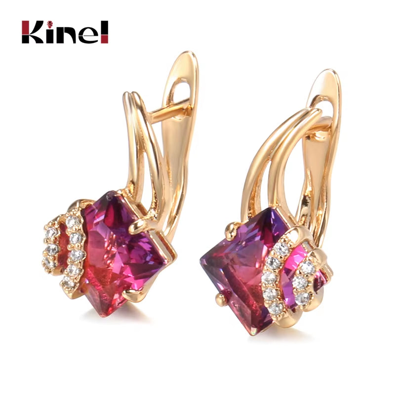 Hot Square Red Natural Zircon Earrings for Women 585 Rose Gold Color Geometry Dangle Earrings Fashion Wedding Jewelry