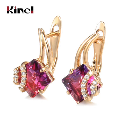Hot Square Red Natural Zircon Earrings for Women 585 Rose Gold Color Geometry Dangle Earrings Fashion Wedding Jewelry