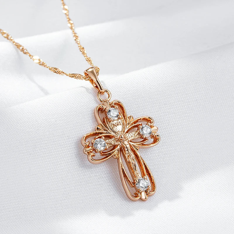 Hot 585 Rose Gold Color Orthodox Church Cross Pendant Necklace for Women Natural Zircon Accessories Crucifix Jesus Jewelry
