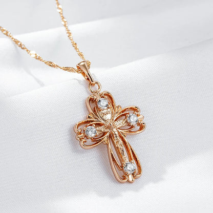 Hot 585 Rose Gold Color Orthodox Church Cross Pendant Necklace for Women Natural Zircon Accessories Crucifix Jesus Jewelry