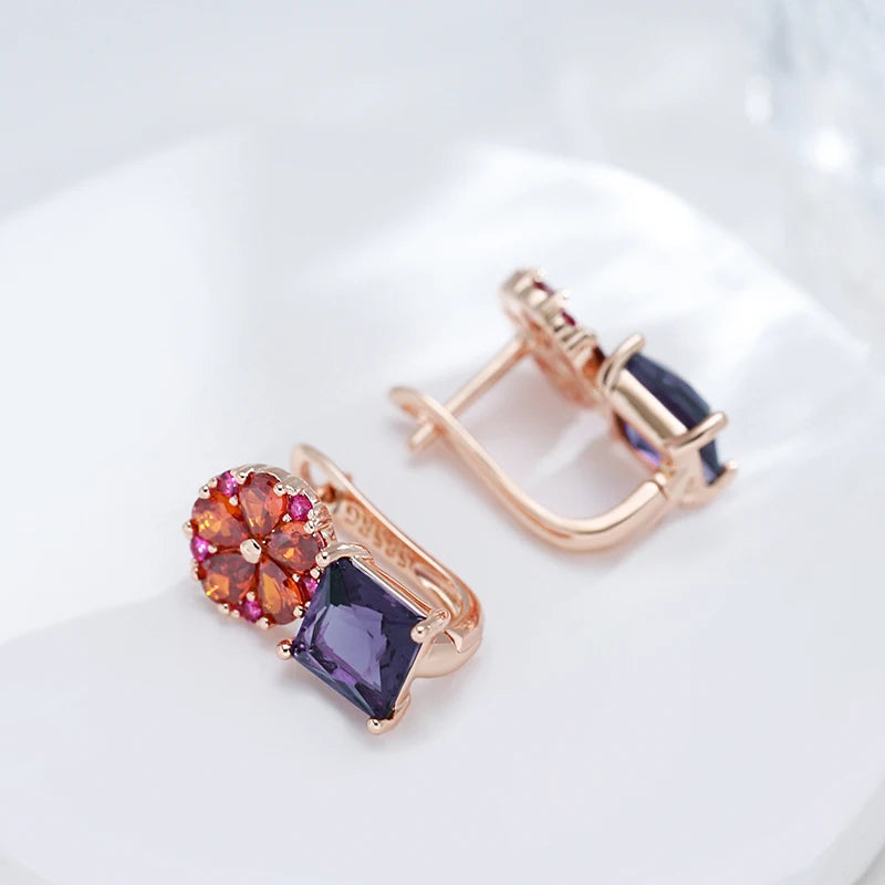 Square Purple Natural Zircon Drop Earrings for Women 585 Rose Gold Color Flower Jewelry