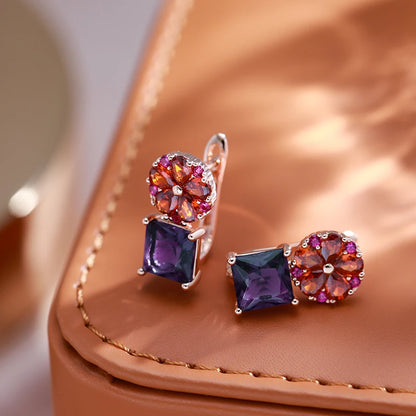 Square Purple Natural Zircon Drop Earrings for Women 585 Rose Gold Color Flower Jewelry