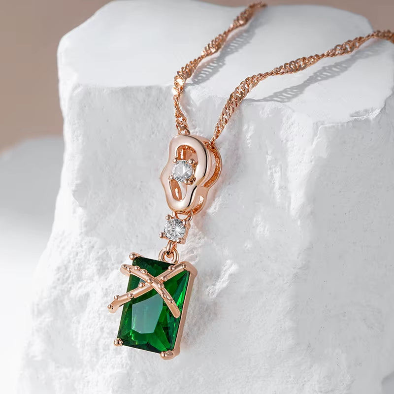 Luxury Square Green Natural Zircon Pendant Necklace for Women 585 Rose Gold Color Pendant Daily Easy Matching Fine Jewelry
