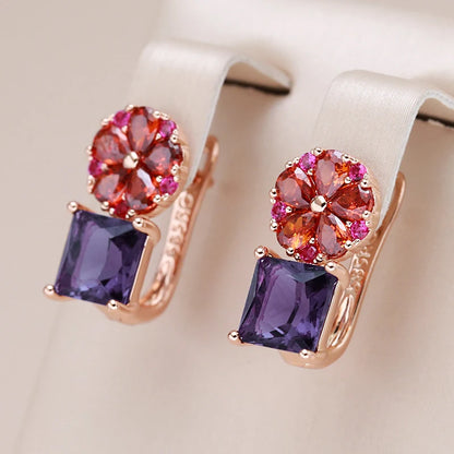 Square Purple Natural Zircon Drop Earrings for Women 585 Rose Gold Color Flower Jewelry