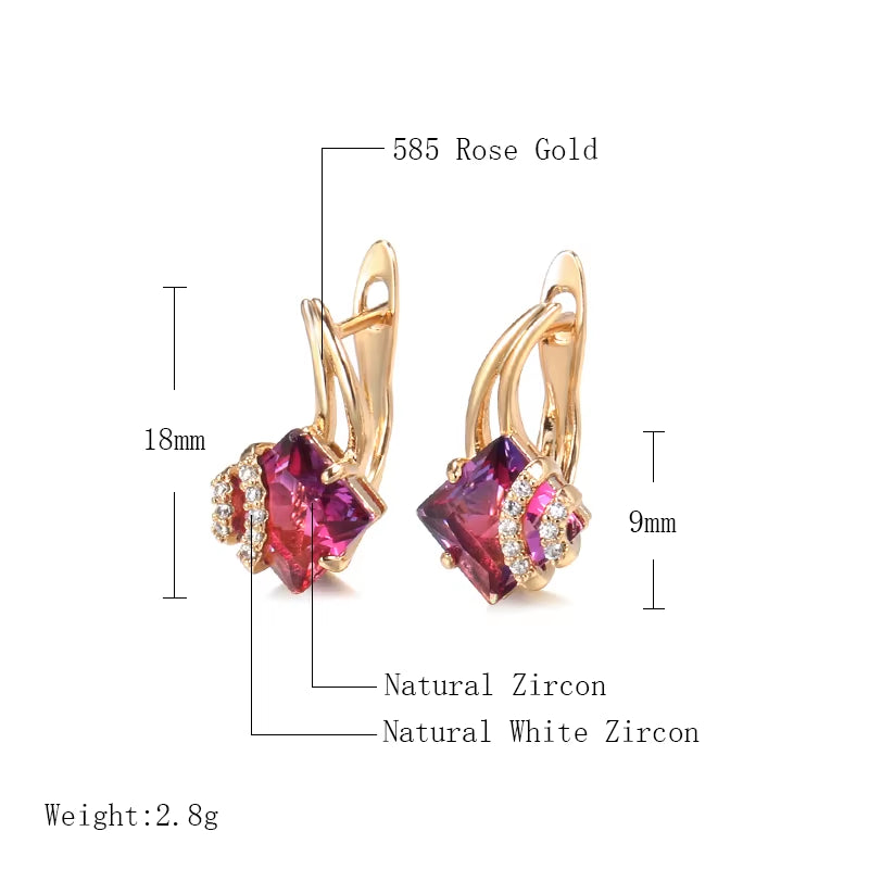 Hot Square Red Natural Zircon Earrings for Women 585 Rose Gold Color Geometry Dangle Earrings Fashion Wedding Jewelry