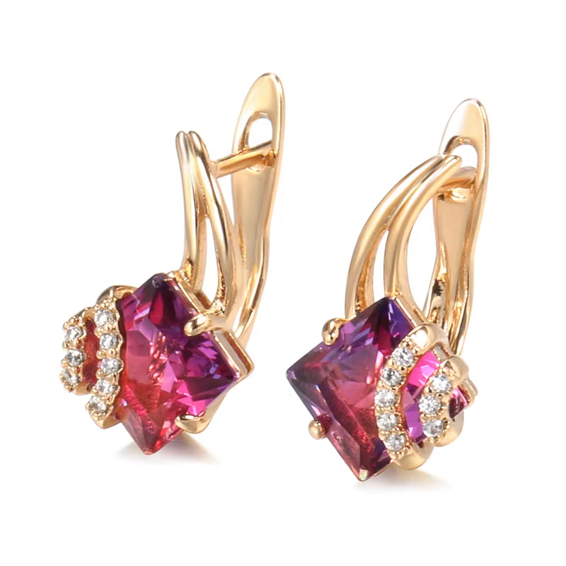 Hot Square Red Natural Zircon Earrings for Women 585 Rose Gold Color Geometry Dangle Earrings Fashion Wedding Jewelry