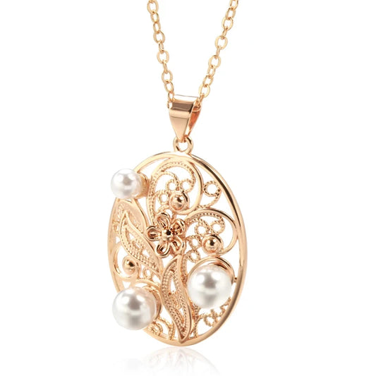 Kienl Hot 585 Rose Gold Color Pearl Pendant Necklace for Women Trend Vintage Glossy Metal Flower Accessories Daily Fine Jewelry