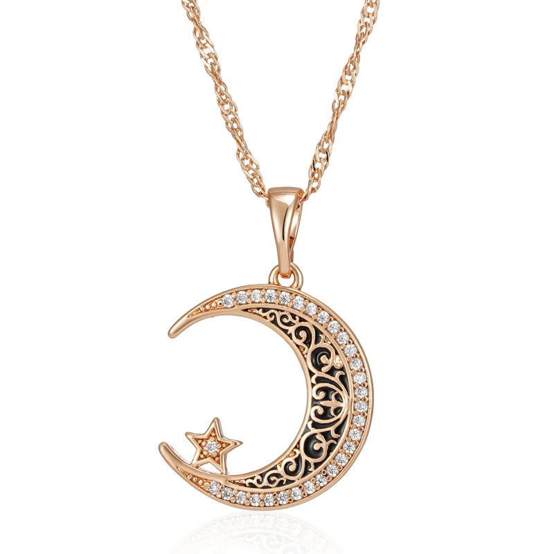 Trend Black Enamel Stars Moon Pendant Necklace for Women 585 Rose Gold Color with Natural Zircon Fine Daily Ethnic Jewelry