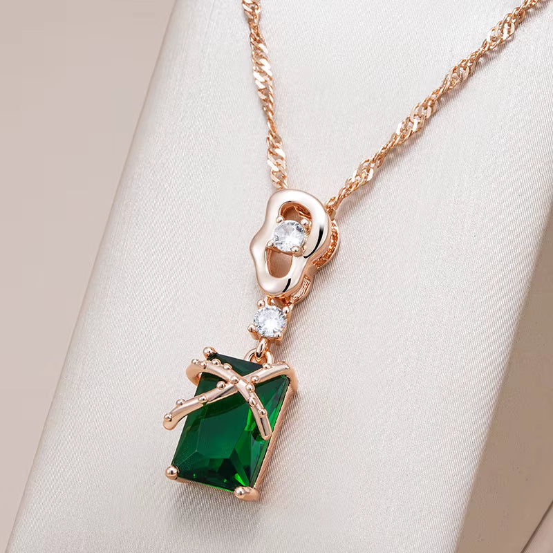 Luxury Square Green Natural Zircon Pendant Necklace for Women 585 Rose Gold Color Pendant Daily Easy Matching Fine Jewelry