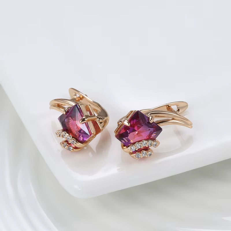 Hot Square Red Natural Zircon Earrings for Women 585 Rose Gold Color Geometry Dangle Earrings Fashion Wedding Jewelry