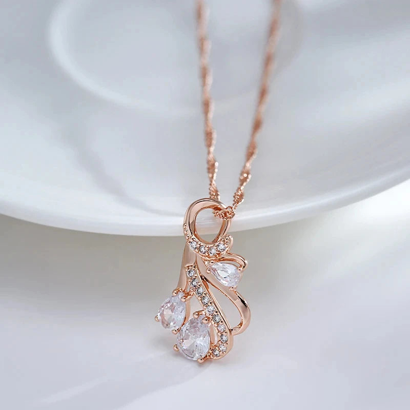 Hot 585 Rose Gold Color Big Pendant Necklace for Women Fashion Hollow Flowers Natural Zircon Accessories Daily Jewelry