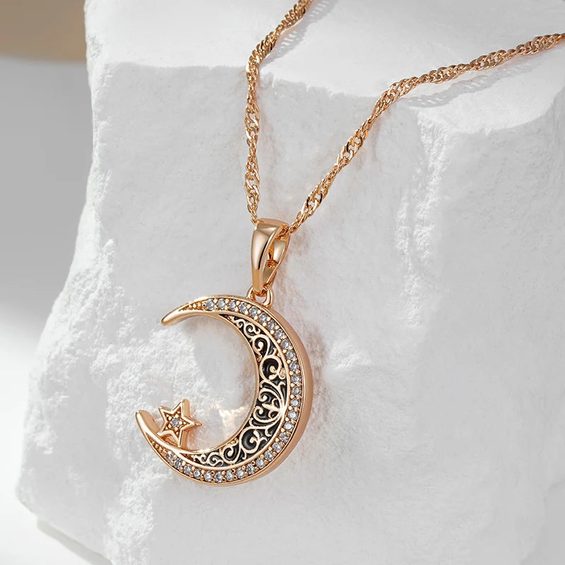 Trend Black Enamel Stars Moon Pendant Necklace for Women 585 Rose Gold Color with Natural Zircon Fine Daily Ethnic Jewelry