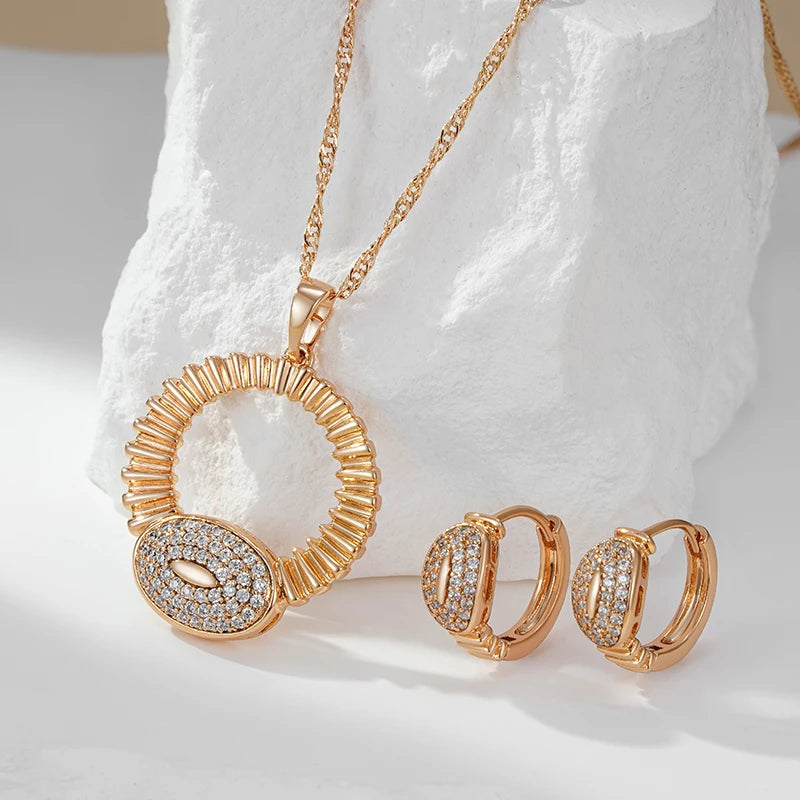 Hot Fashion Glossy Shiny Natural Zircon Big Pendant Necklace for Women 585 Rose Gold Color Daily Fine Accessories Jewelry
