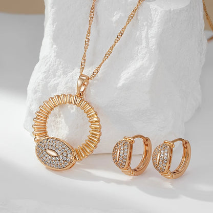 Hot Fashion Glossy Shiny Natural Zircon Big Pendant Necklace for Women 585 Rose Gold Color Daily Fine Accessories Jewelry