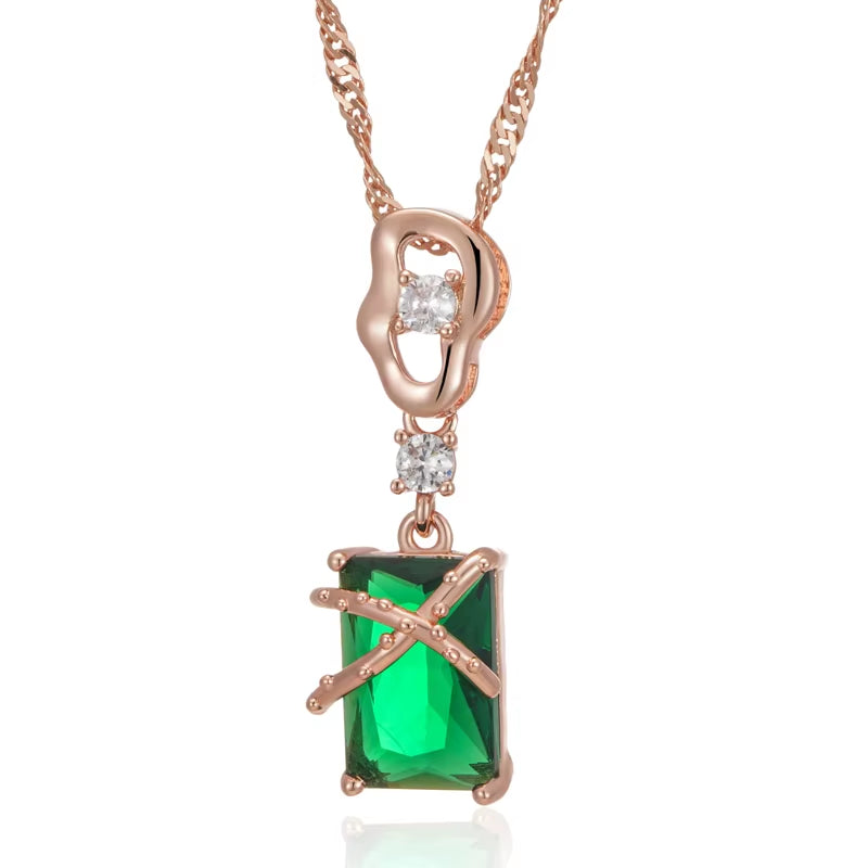 Luxury Square Green Natural Zircon Pendant Necklace for Women 585 Rose Gold Color Pendant Daily Easy Matching Fine Jewelry